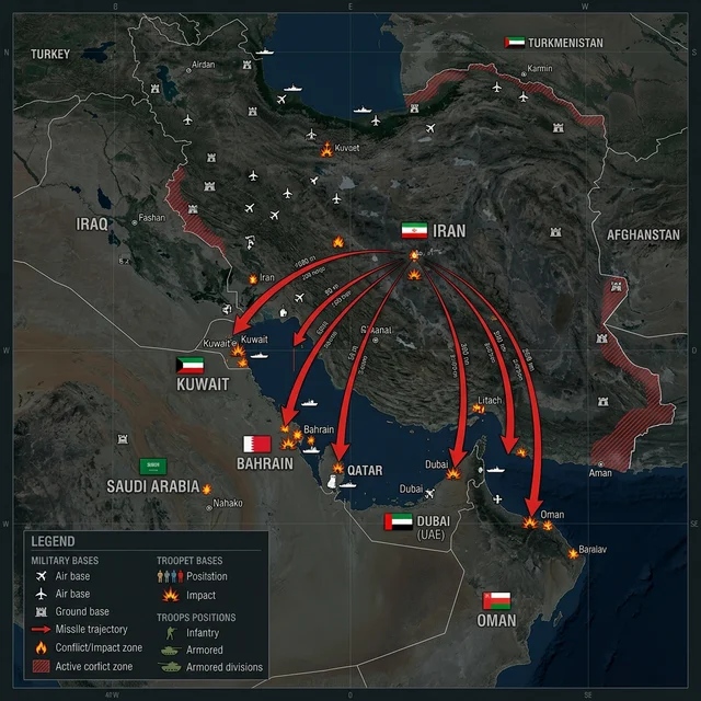 Mapa mostrando la extensión del conflicto en Oriente Medio con múltiples frentes de batalla