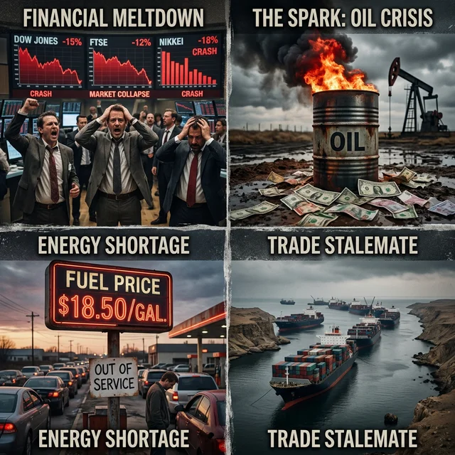 Escenario de colapso económico global con gráficos de petróleo, bolsas e inflación