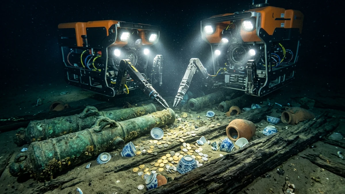 High-fidelity underwater documentary illustration depicting the Saab Seaeye Lynx ROV robot at 600 meters depth illuminating the bronze cannon with dolphin handles, 1707 gold macuquina coins, and blue-and-white Chinese porcelain at the San José Galleon wreck site