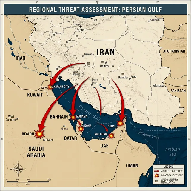 Mapa de avaliação de ameaças: trajetórias de mísseis e drones iranianos atingindo alvos em seis países do Golfo Mapa estratégico mostrando as trajetórias de mísseis do Irã em direção aos países do Golfo Pérsico