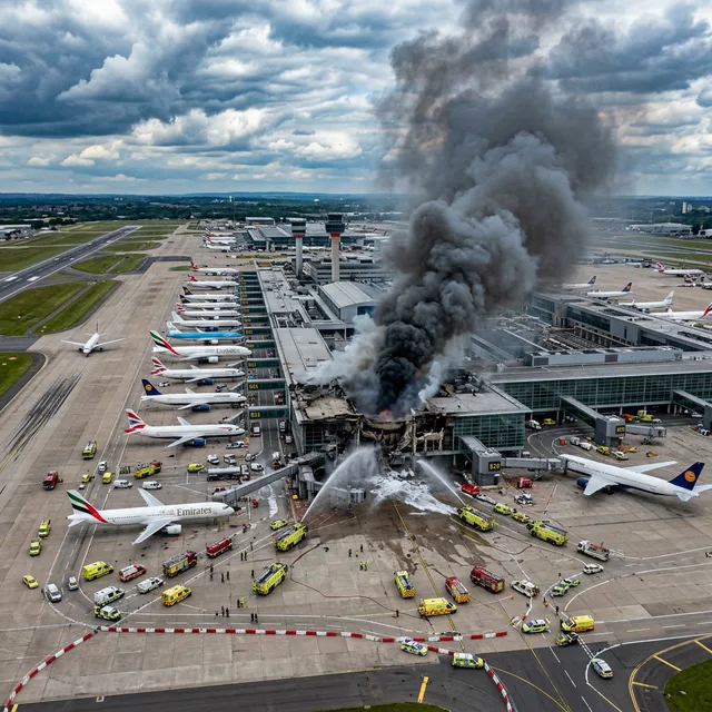 Equipes de emergência respondem aos danos causados por destroços de mísseis interceptados no aeroporto Danos ao aeroporto com equipes de emergência respondendo no local