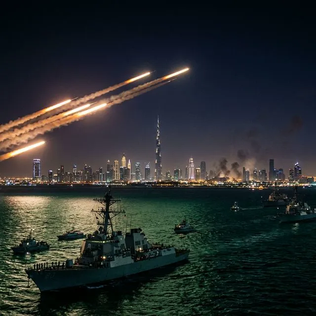 Baterias de mísseis THAAD e Patriot em ação durante a interceptação dos projéteis iranianos Sistema de defesa antimísseis lançando interceptores na noite do deserto do Golfo