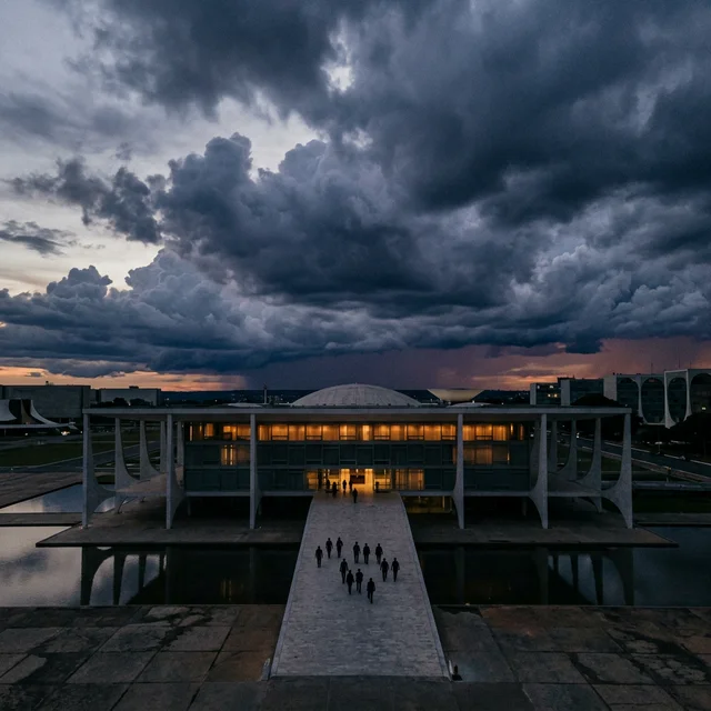 Crise no Planalto: o escândalo do INSS ameaça a governabilidade do terceiro mandato de Lula Palácio do Planalto sob nuvens de tempestade simbolizando a crise política do governo Lula
