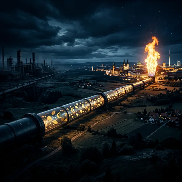 The gas that buys silence: European energy dependence financed Russia's war machine for decades Transparent pipeline filled with euro coins connecting European cities to Russia