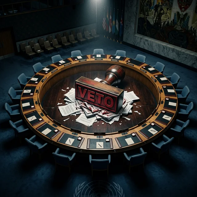 The power of VETO: Russia can block any Security Council resolution — the aggressor is the judge UN Security Council table with giant VETO stamp crushing documents