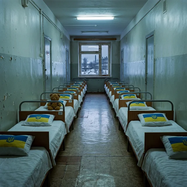 Institutional corridor with rows of empty beds with Ukrainian flag pillows and a lone teddy bear