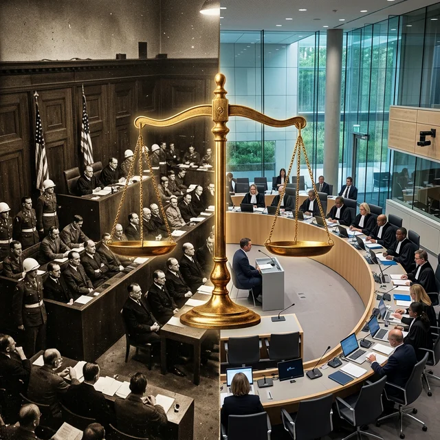 Montagem dividida entre o Tribunal de Nuremberg de 1945 e o moderno TPI em Haia com balança da justiça