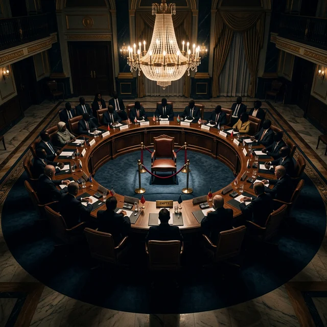 Mesa de cúpula diplomática circular com cadeira vazia e barreira vermelha representando o isolamento de Putin