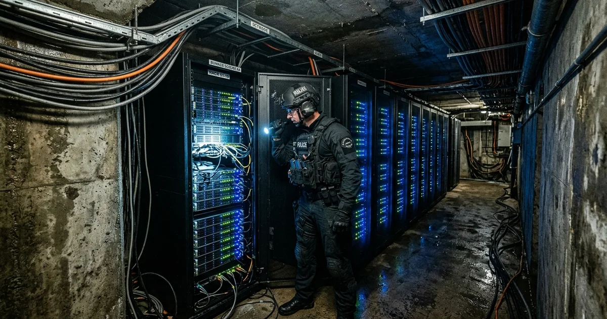 Servidores: Agente de élite inspeccionando los racks de servidores incautados en el búnker de los Alpes