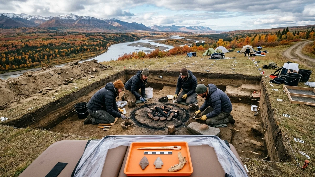 Hyper-realistic documentary illustration of the Shég′ Xdaltth′í′ Ice Age archaeological excavation in interior Alaska, showcasing the 13,800-year-old dwelling floor, central hearth, hunting tools, and faunal remains