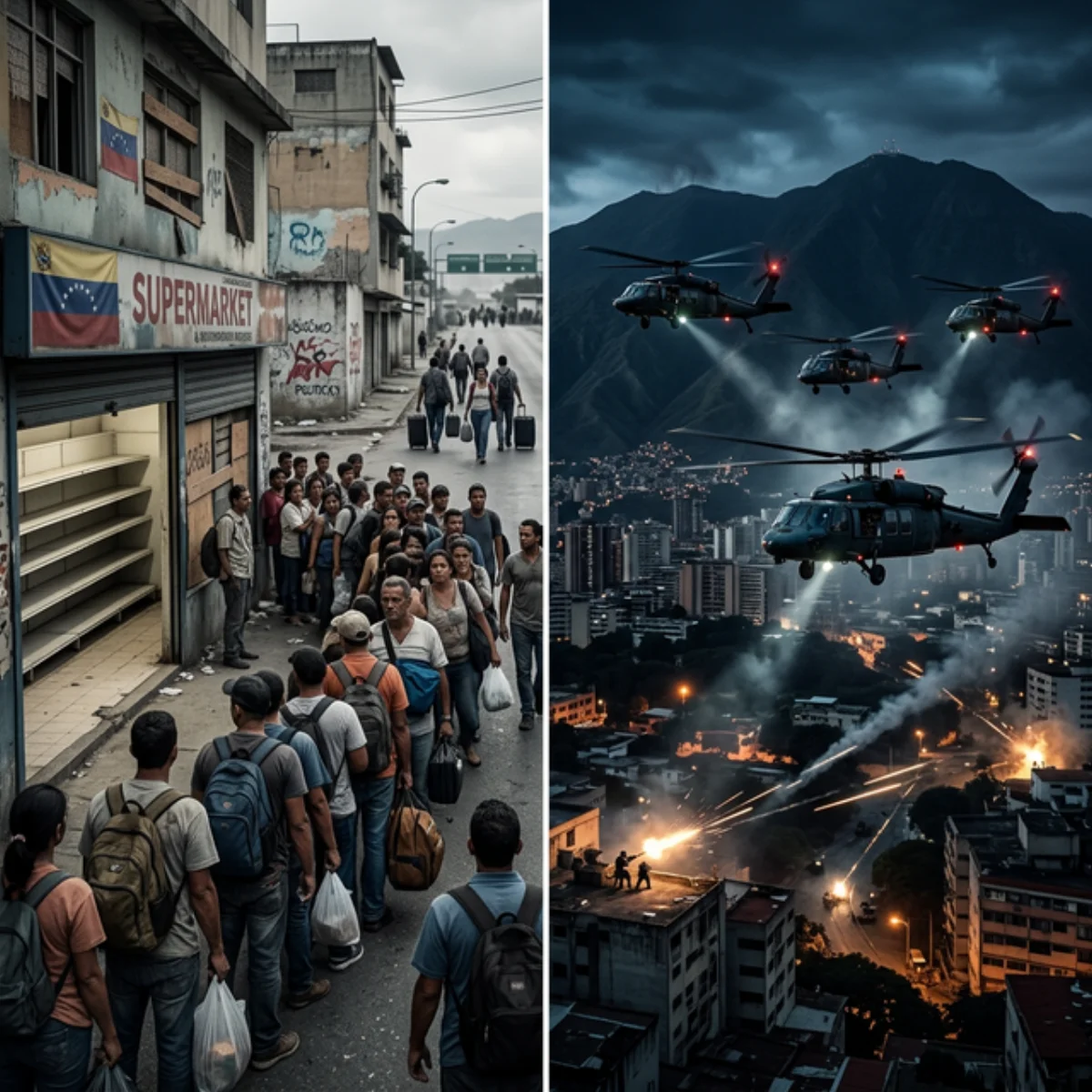 Venezuela antes e depois: crise humanitária com prateleiras vazias e filas versus operação militar americana sobre Caracas