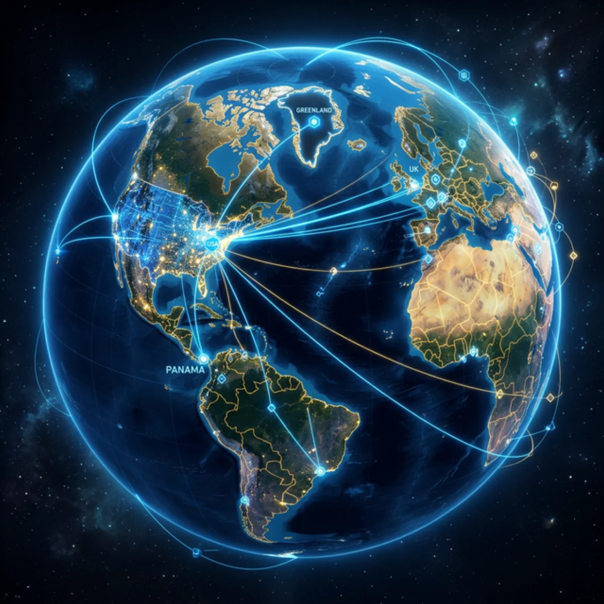 Mapa global mostrando a projeção de influência americana sobre múltiplos países e rotas geopolíticas