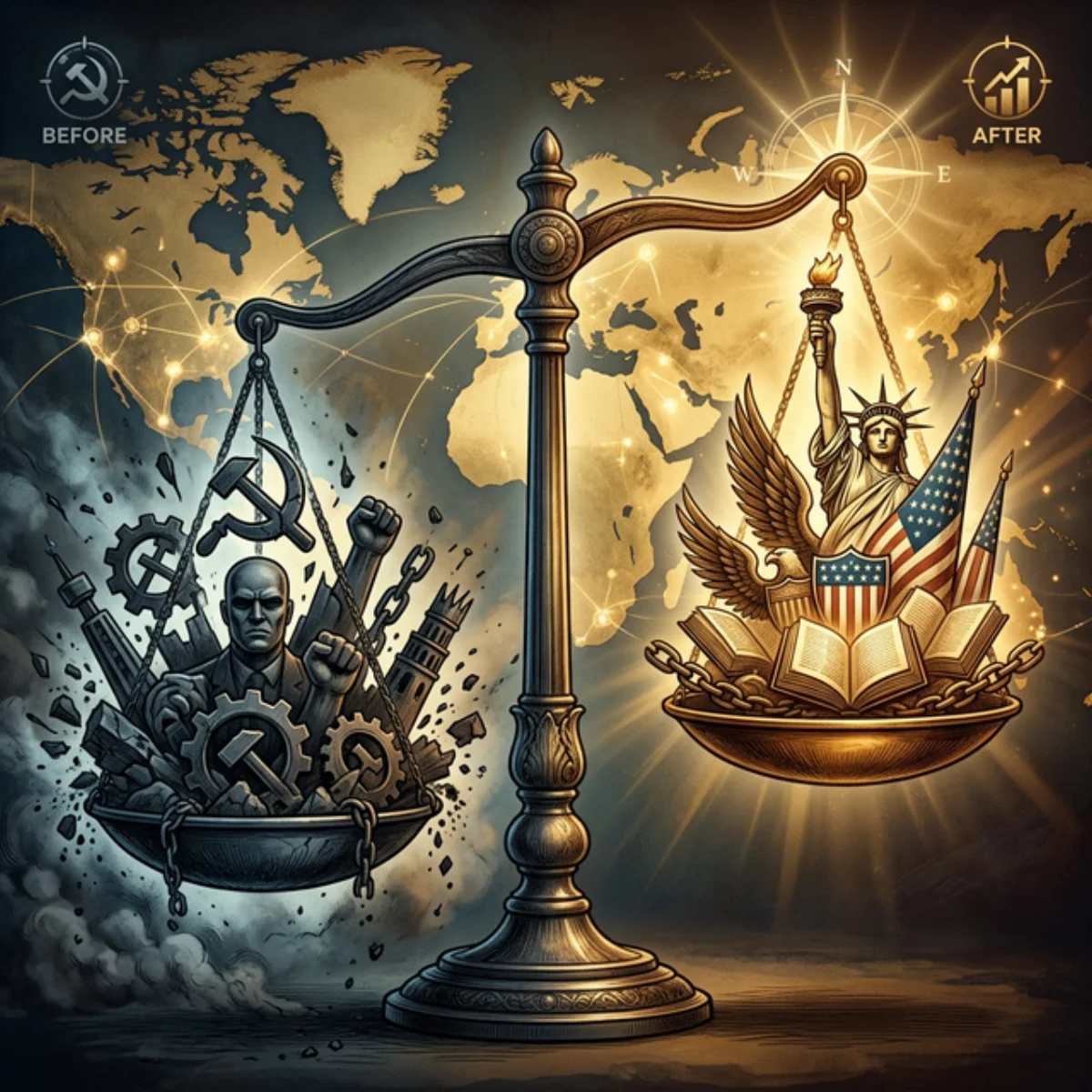 Balança geopolítica mostrando a queda de regimes autoritários e a ascensão da influência americana