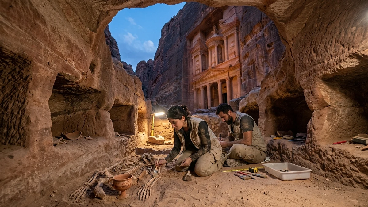Ilustración Artística de Alta Fidelidad que muestra a arqueólogos en una excavación subterránea bajo la fachada de arenisca rosa de Al-Khazneh, El Tesoro de Petra en Jordania, revelando la cámara funeraria Tumba 62C dividida en nichos de piedra, esqueletos humanos articulados de dos mil años en el sedimento desértico y un cáliz cerámico nabateo intacto junto a la mano de un esqueleto
