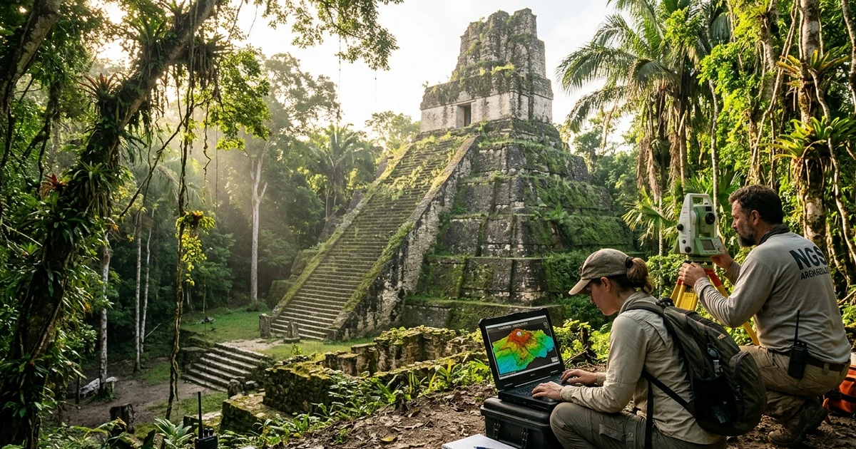 Ilustración documental de alta fidelidad basada en datos reales del descubrimiento de la megaciudad maya de Valeriana en la selva tropical de Campeche en México