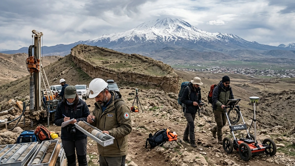 High-Fidelity Artistic Illustration showing a scientific expedition of geologists and archaeologists at the Durupınar Formation in Doğubayazıt Turkey, examining cylindrical core samples next to a drill rig and operating GPR radar with the snow-covered peak of Mount Ararat in the background