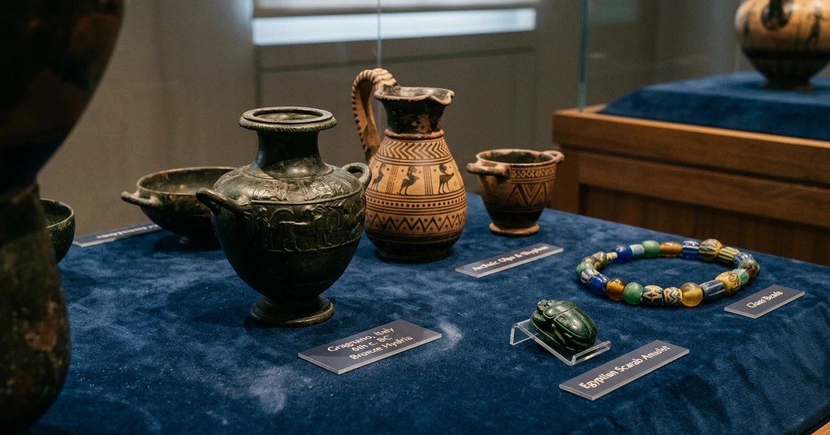 Artefactos de bronze e amuleto egípcio resgatados na necrópole