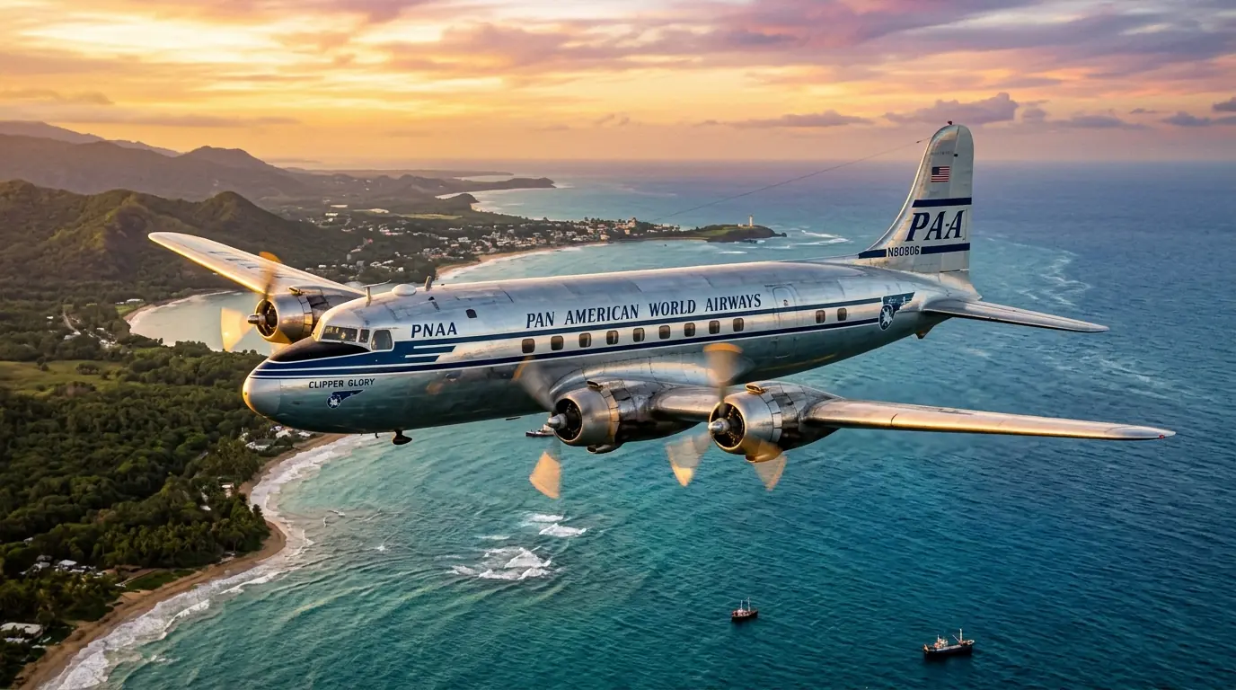 Recreación histórica del avión Douglas DC-4 Clipper Endeavor de Pan Am volando sobre el mar de Puerto Rico.