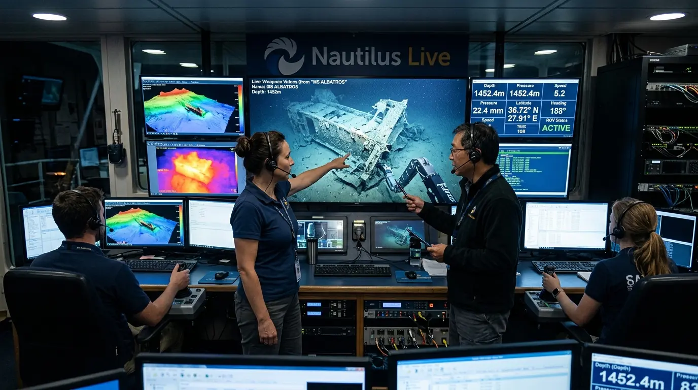 Equipo de investigadores y oceanógrafos analizando imágenes submarinas en tiempo real.