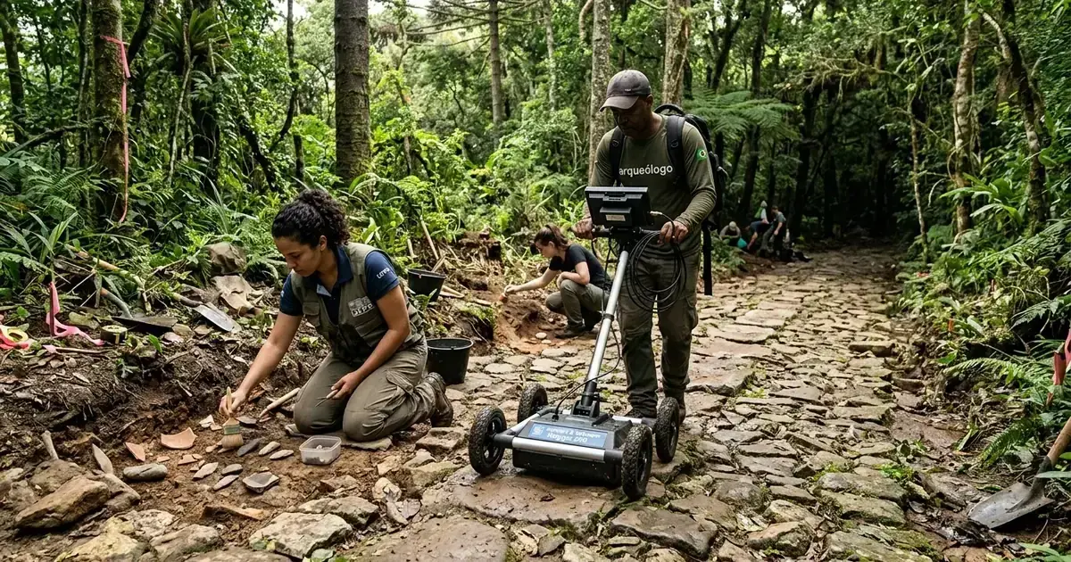 Arqueólogos utilizando tecnologia Georradar para identificar o Peabiru