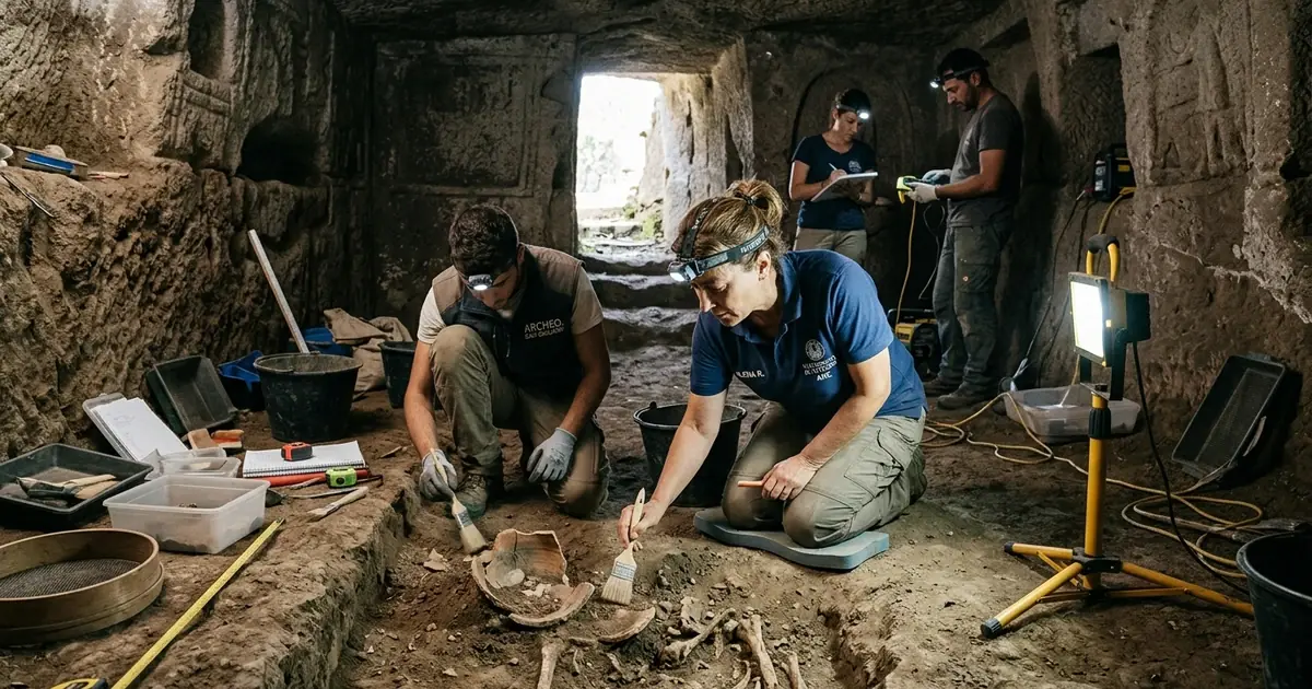 Arqueólogos italianos escavando a tumba etrusca em Viterbo