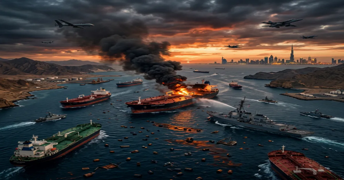Aerial view of Strait of Hormuz with oil tankers, smoke and Dubai skyline