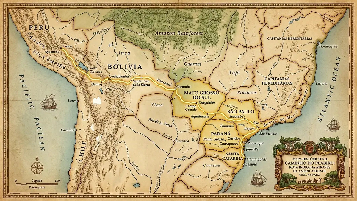 Mapa Histórico Detalhado do Peabiru no Mato Grosso do Sul, Paraná e São Paulo