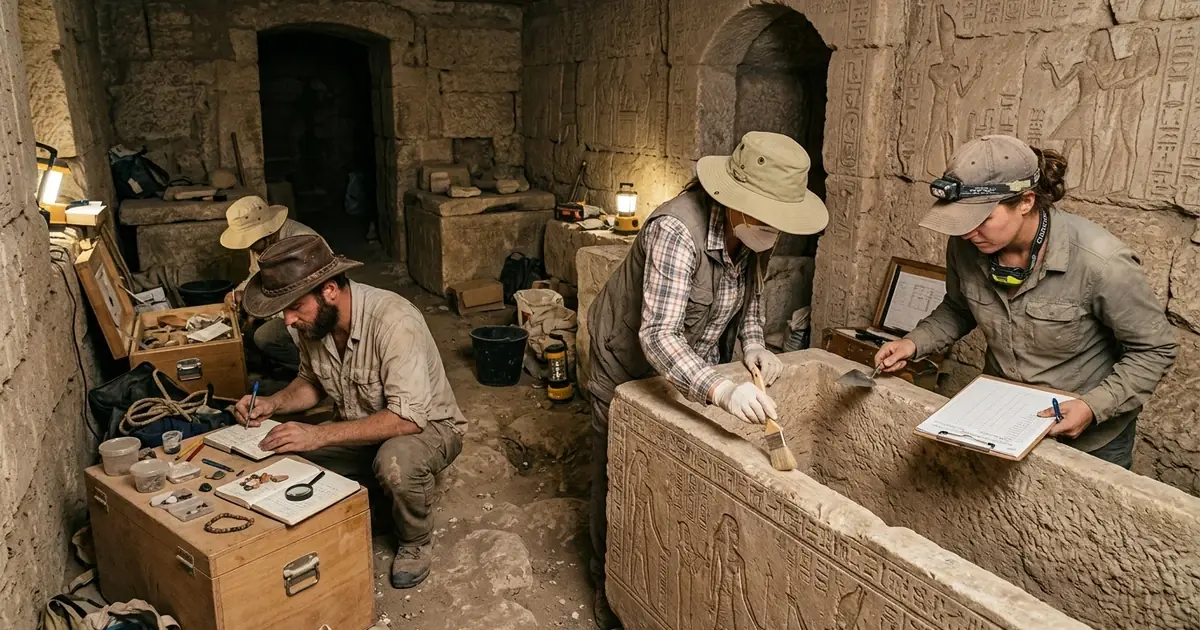 Arqueólogos realizando a escavação sistemática da tumba de pedra no sítio histórico egípcio.