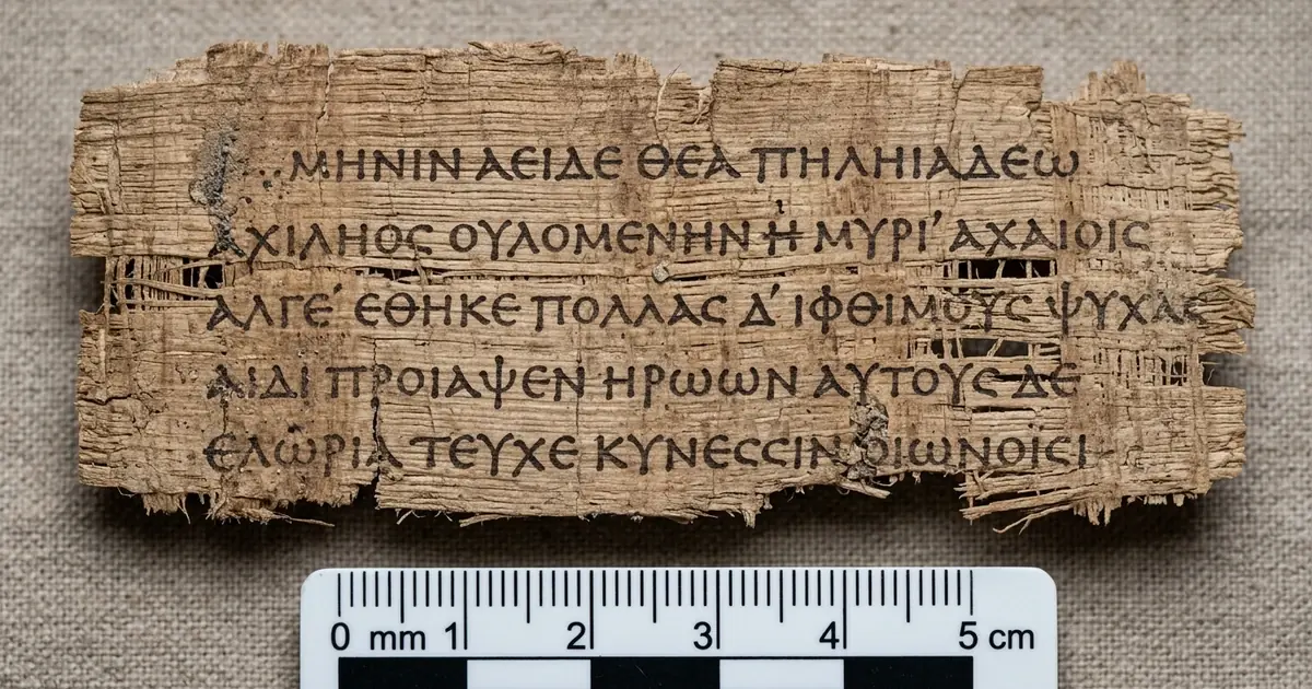Detalhe das fibras de papiro do período romano com escrita grega clássica.