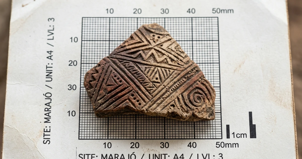 Detalhe das cerâmicas coloridas e incisões decorativas típicas da tradição Pocó-Açutuba recuperadas na ilha de Parintins.