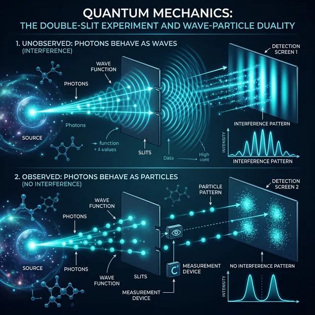Educational diagram of the double-slit experiment showing wave behavior without observation and particle behavior with observation — evidence of on-demand rendering