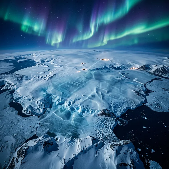 Aerial view of Antarctica showing vast expanses of ice covering possible anomalous geometric structures beneath the surface