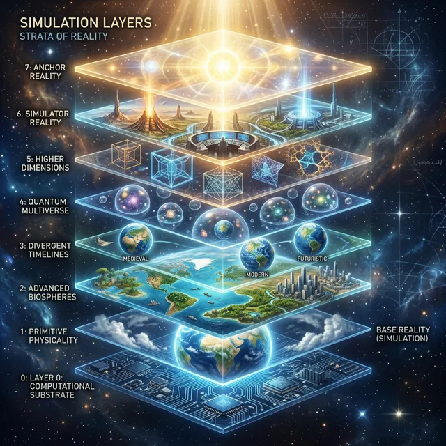 Conceptual illustration showing multiple layers of reality stacked like transparent panels, each containing a different universe, from computer circuits at the base to complex worlds at the top