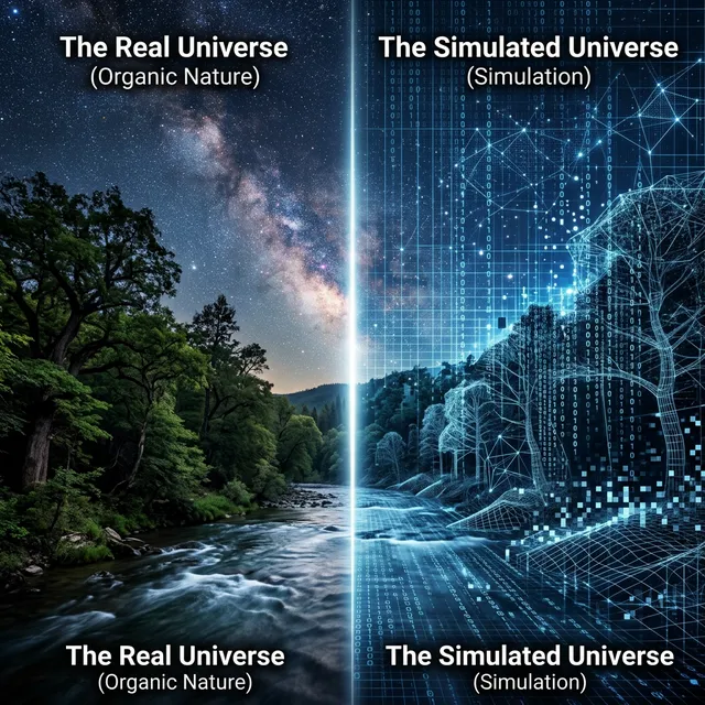Split image showing organic nature on one side and the same scene dissolving into pixels and binary code on the other — representing both sides of the simulation debate