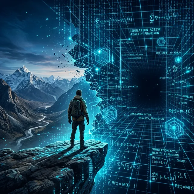 Visual concept of simulated reality where the natural landscape dissolves into code and mathematical equations