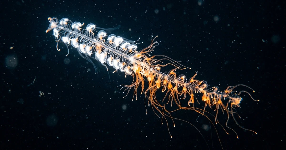 A long and linear colony of siphonophores glowing in the dark