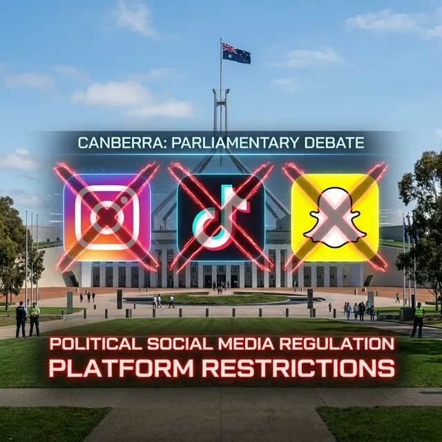 Parlamento australiano em Canberra com sobreposição digital mostrando ícones do Instagram, TikTok e Snapchat bloqueados