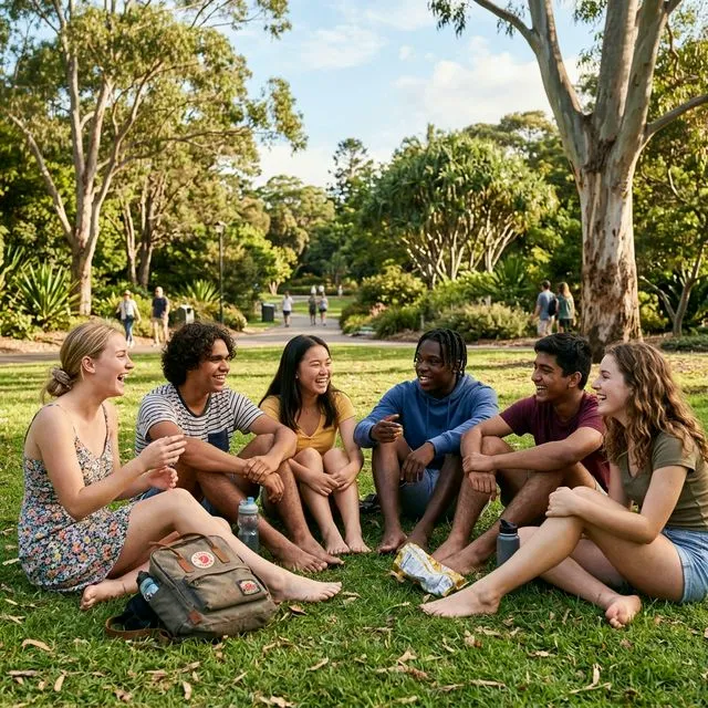 Grupo de adolescentes australianos socializing ao ar livre no parque sem celulares, rindo e conversando
