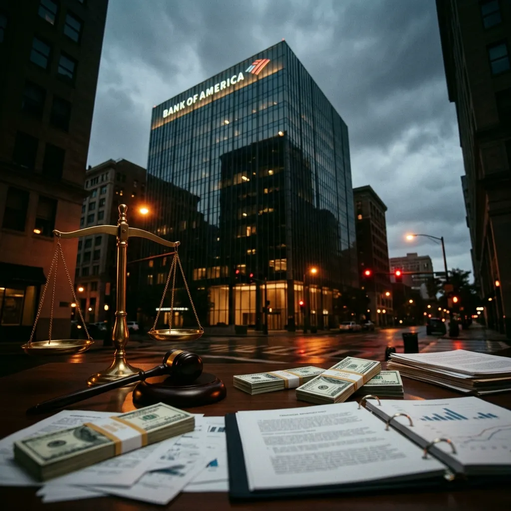 Sede do Bank of America com balança da justiça e documentos legais em primeiro plano