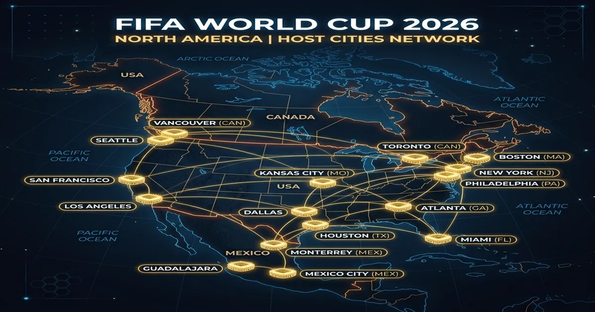 Map of 16 host cities for the 2026 World Cup in USA, Mexico and Canada