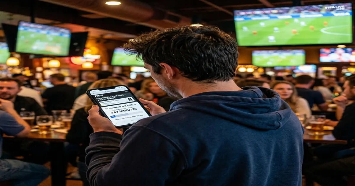 Phone screen showing FIFA virtual queue with 247 minute wait time