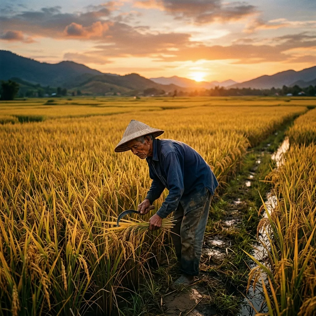 Elderly rice farmer working alone in golden paddy field at sunset