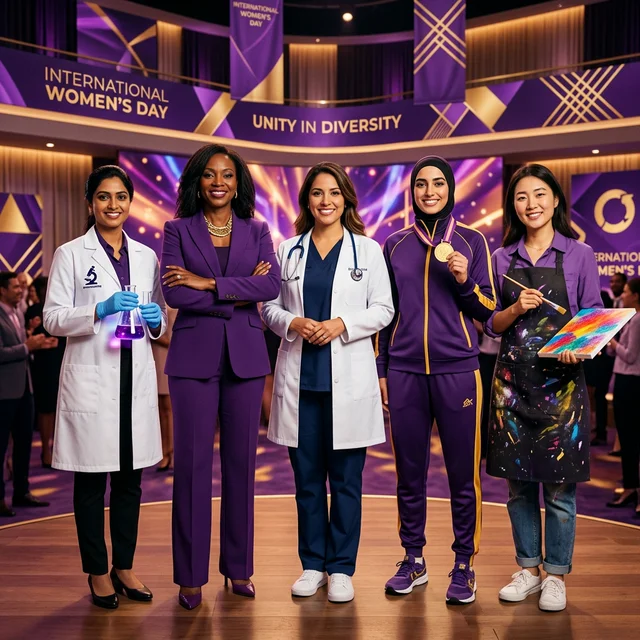 Diverse women from different cultures and professions together — scientist, business leader, doctor, athlete, and artist in purple and gold tones