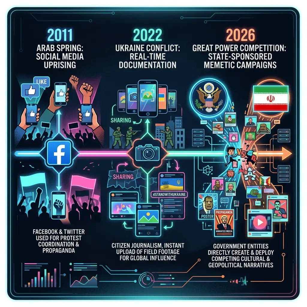 Infographic showing the evolution of memetic warfare between governments and the internet