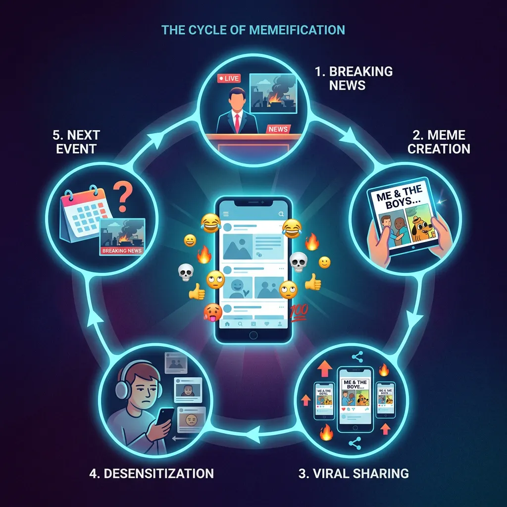 Graphic satirizing the war meme consumption cycle among younger generations