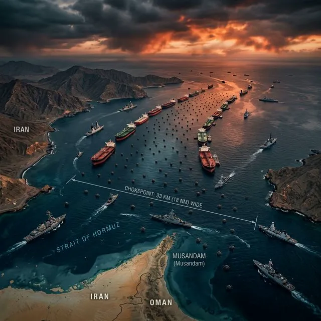 Vista aérea do Estreito de Ormuz com minas navais, navios de guerra e petroleiros parados