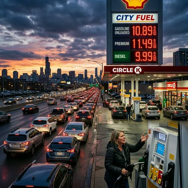 Posto de combustível com preços altíssimos e fila de carros se estendendo pela cidade