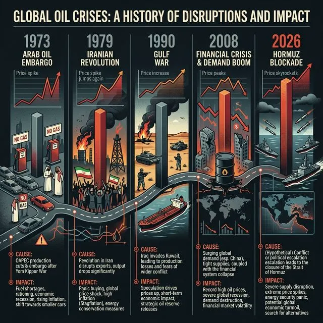Infográfico comparando as 5 maiores crises do petróleo: 1973, 1979, 1990, 2008 e 2026