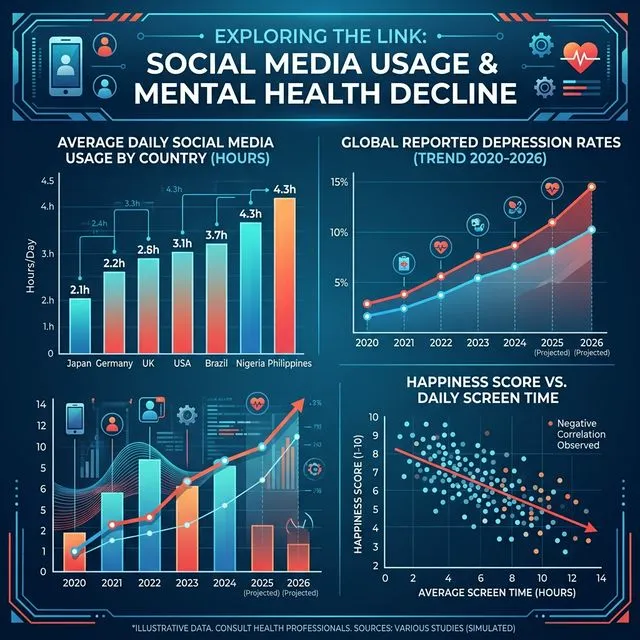 Gráfico comparativo: saúde mental vs horas de uso de redes sociais em 78 países