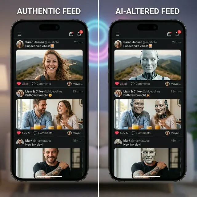 Comparação lado a lado de feeds de redes sociais: um autêntico e outro alterado por IA mostrando faces robóticas